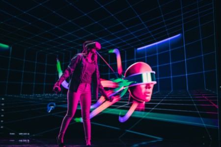 Digital artist using VR software to create a 3D piece of art