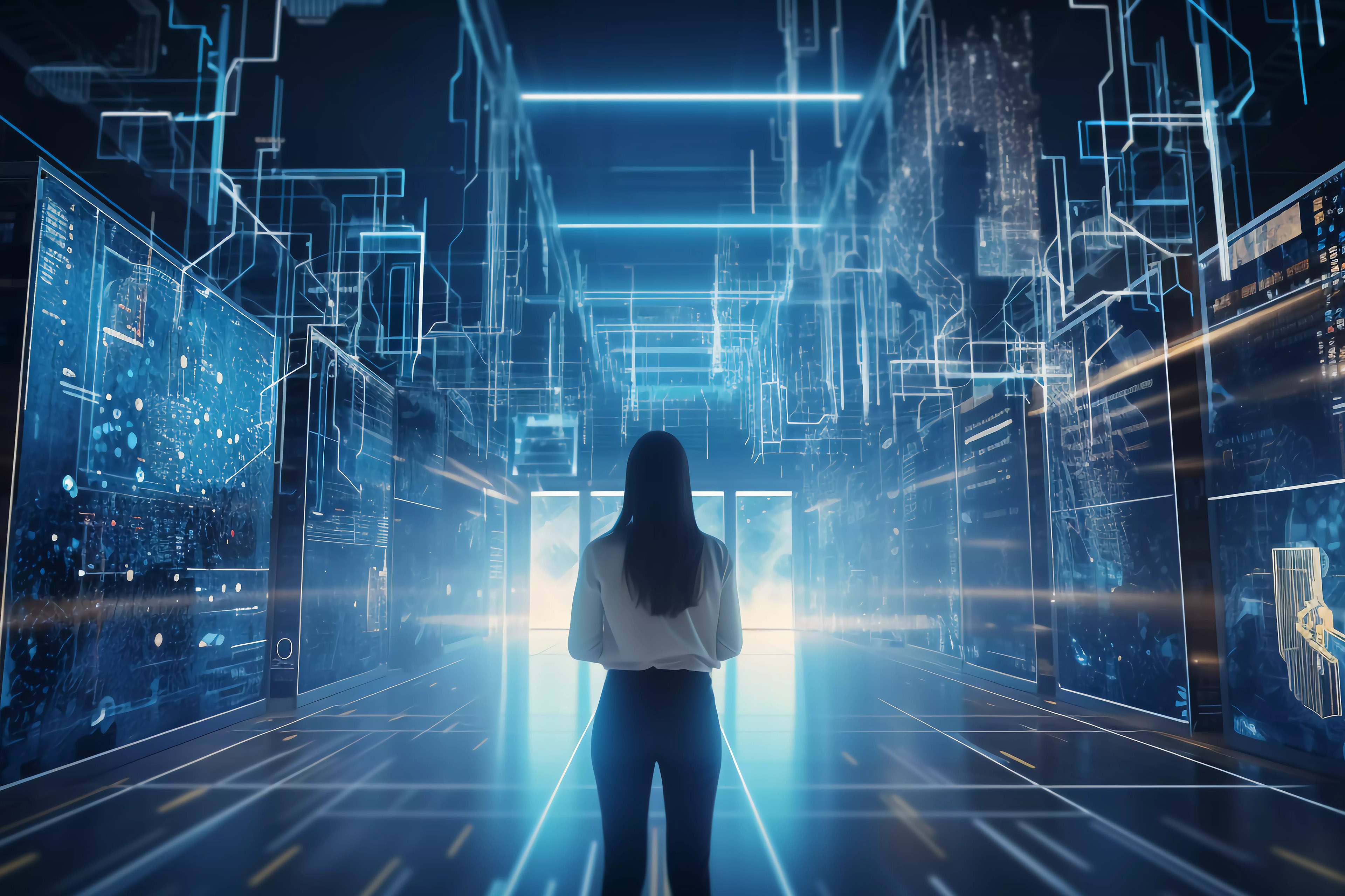 Digital graphics Futuristic 3D Concept, Big Data Center , Woman Chief Technology Officers Standing In Warehouse, Information Digitalization Lines, technology and data, Generative AI.